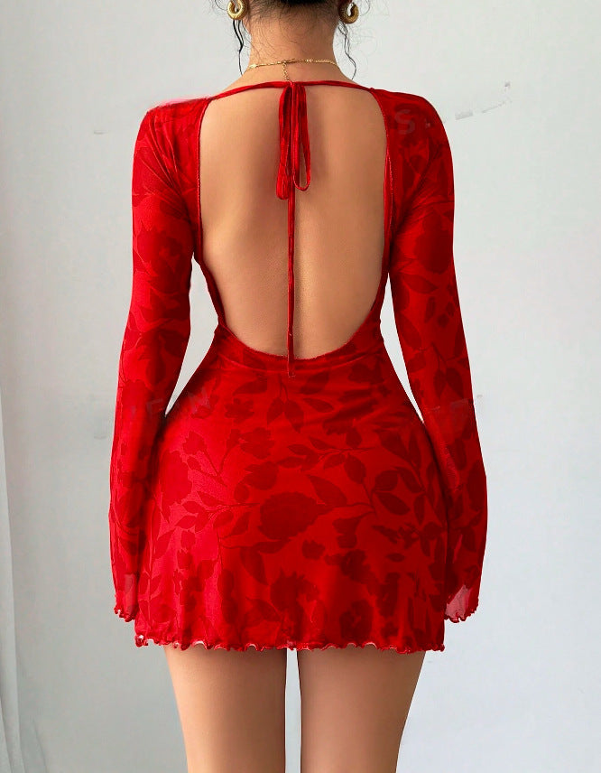 Damen kurzes Kleid mit tiefem Rückenausschnitt und floralem Muster Drune