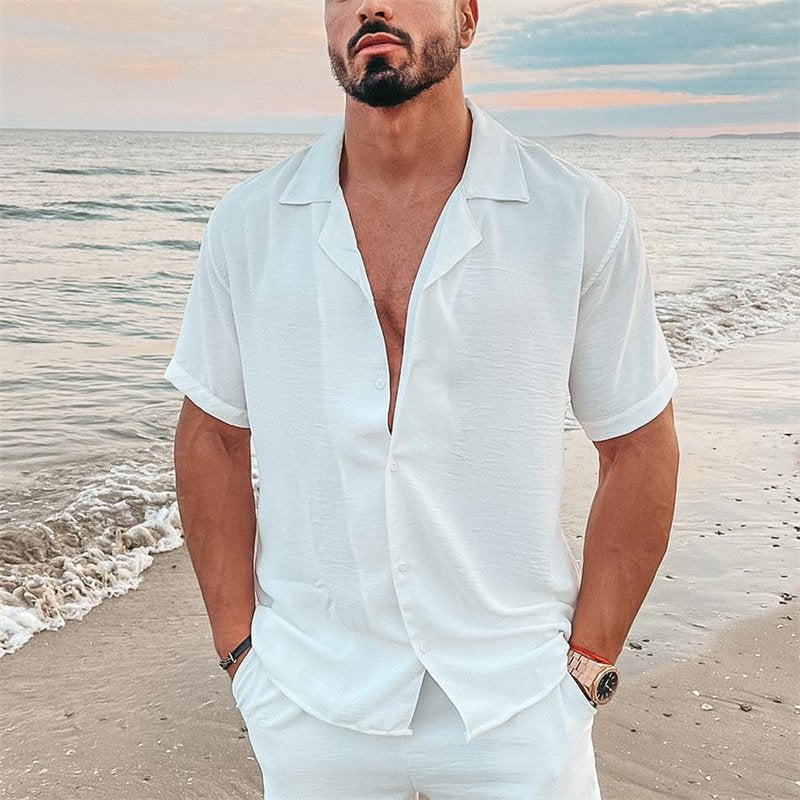 Herren nan luftiges Strandhemd aus Leinenmix mit Reverskragen und offener Knopfleiste Drune