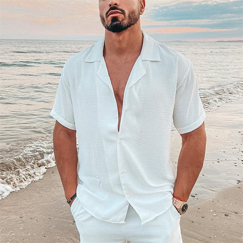 Herren nan luftiges Strandhemd aus Leinenmix mit Reverskragen und offener Knopfleiste Drune