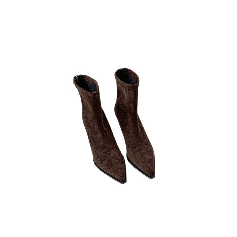 Damen Spitz zulaufende Ankle-Boots aus Veloursoptik mit sockenhaftem Schaft und schlankem Stiletto-Absatz Drune