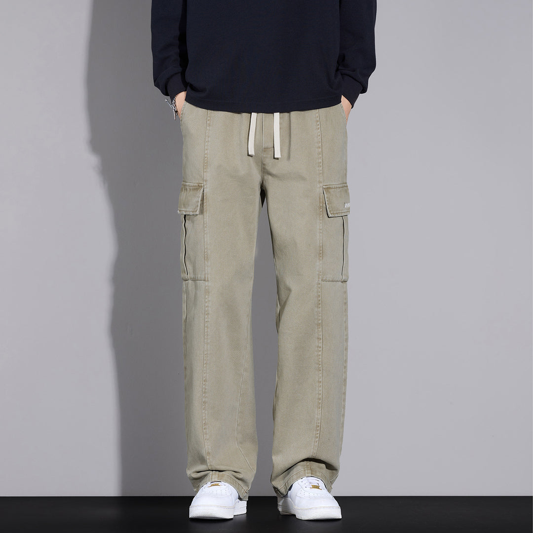 Herren Weite Cargo-Hose aus gewaschener Baumwolle mit Tunnelzug und Multifachtaschen Drune