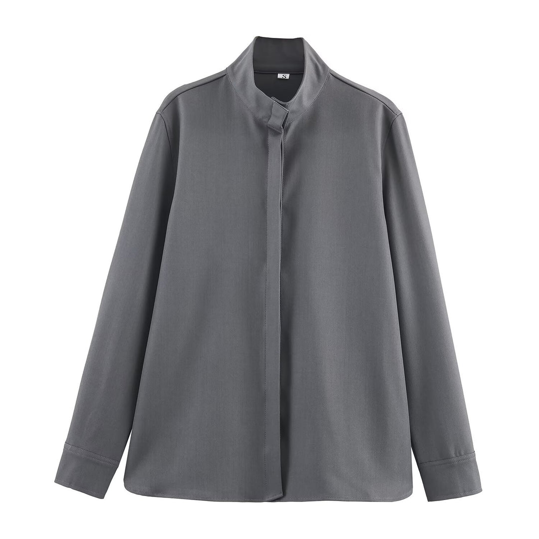 Damen Locker geschnittene Tunika‑Bluse mit verdeckter Knopfleiste und Stehkragen Drune