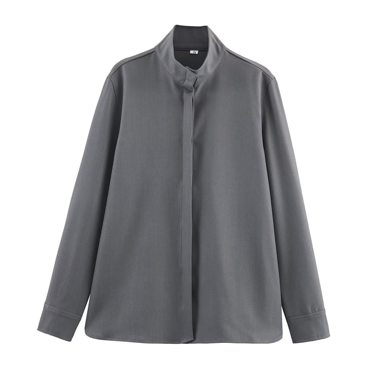 Damen Locker geschnittene Tunika‑Bluse mit verdeckter Knopfleiste und Stehkragen Drune