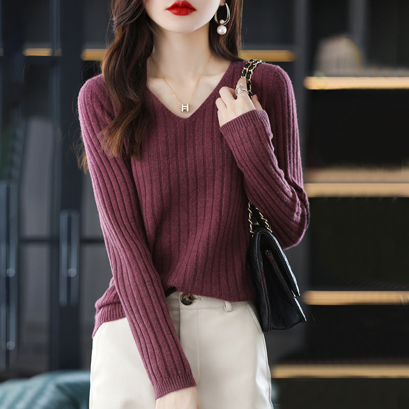 Damen Strickpullover mit feiner Rippenstruktur und V-Ausschnitt Drune