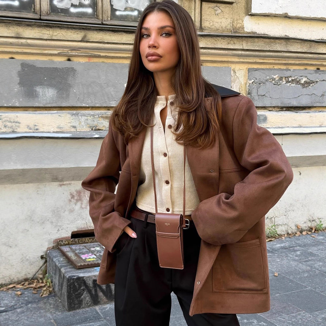 Damen oversized Kunstlederjacke mit schickem Kragen Drune