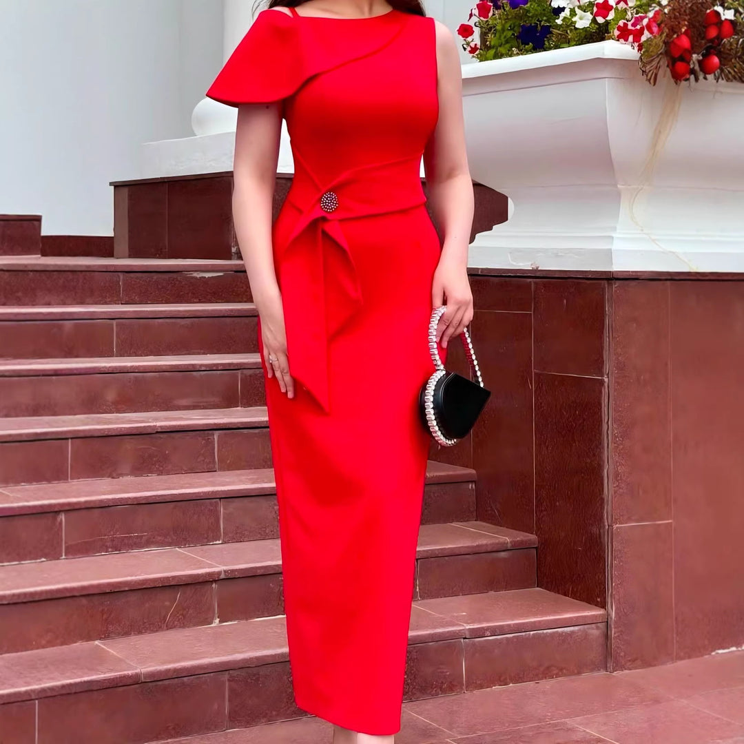 Damen figurbetontes Abendkleid mit asymmetrischer Schulter und Taillengürtel Drune