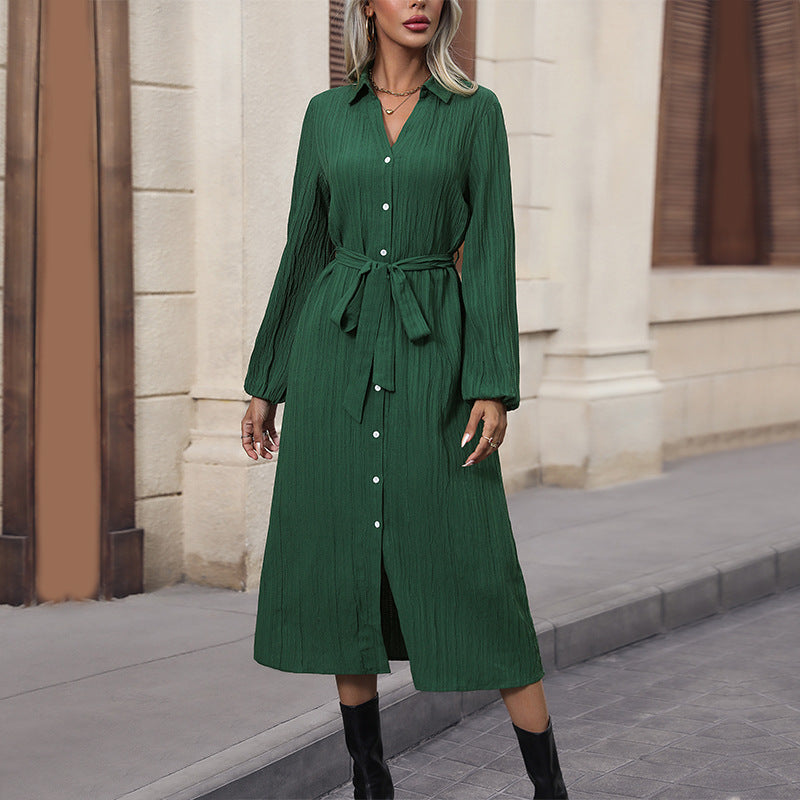 Damen Langarm Hemdblusenkleid mit Gürtel Drune