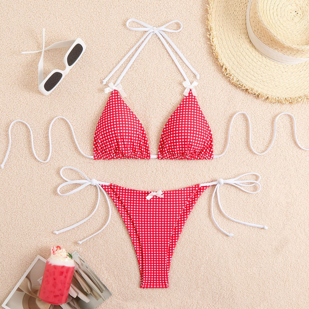 Damen Triangel-Bikini mit verspieltem Karomuster und bindbaren Trägern Drune