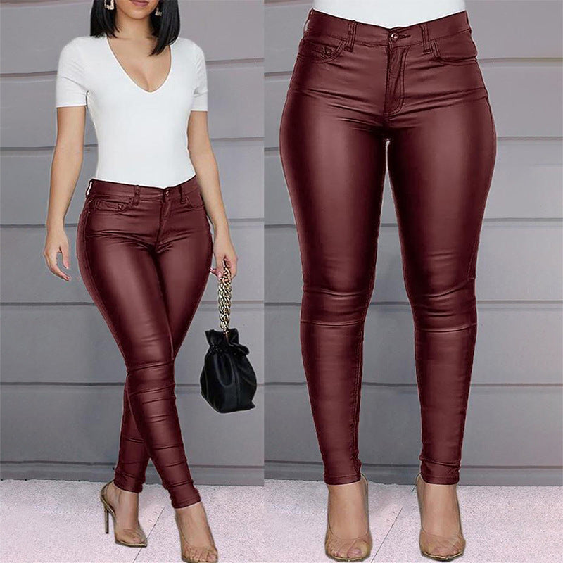 Damen figurbetonte High‑Waist Kunstlederhose im Skinny‑Cut mit Five‑Pocket Drune