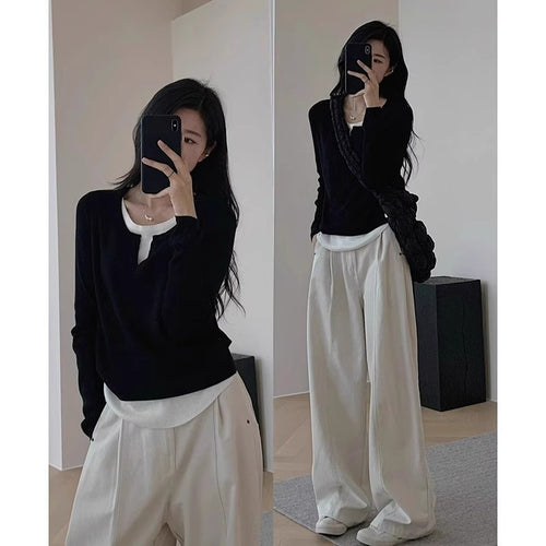 Damen eleganter und bequemer Pullover mit V-Ausschnitt und weiten Hosen Drune