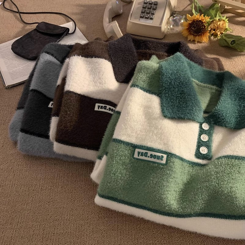 Damen kuscheliger Strickpullover mit klassischem Polokragen Drune