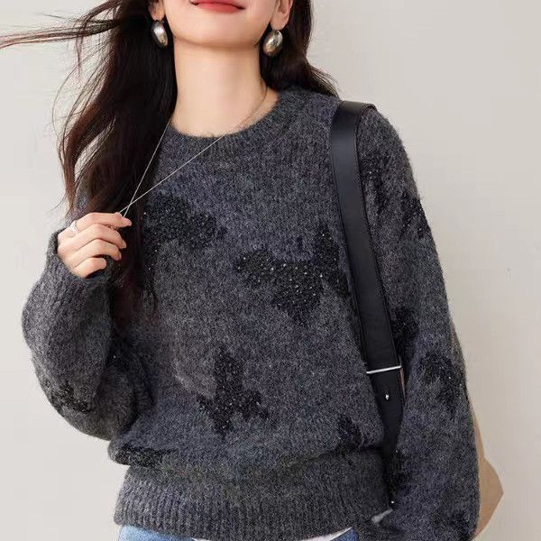 Damen stylischer Strickpullover mit glitzernden Schmetterlingsapplikationen Drune