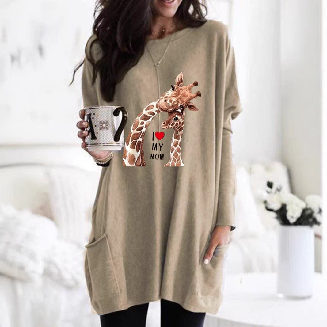 Frauen Übergroße Sweatkleid mit Giraffenmuster, Rundhalsausschnitt und Seitentaschen Drune