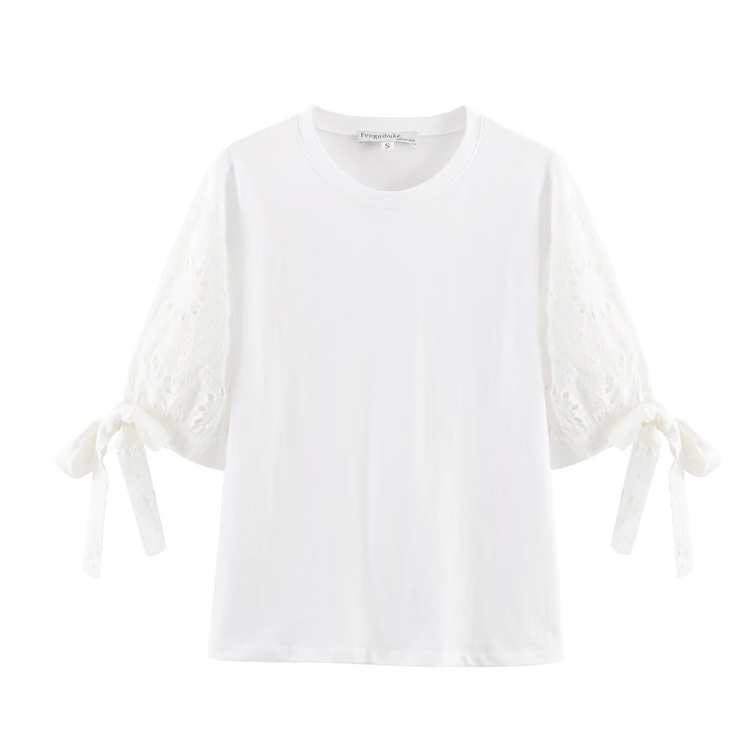 Damen T-Shirt mit elegantem Spitzenschnitt und zeitloser Schleifen-Applikation Drune