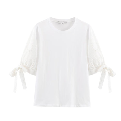 Damen T-Shirt mit elegantem Spitzenschnitt und zeitloser Schleifen-Applikation Drune