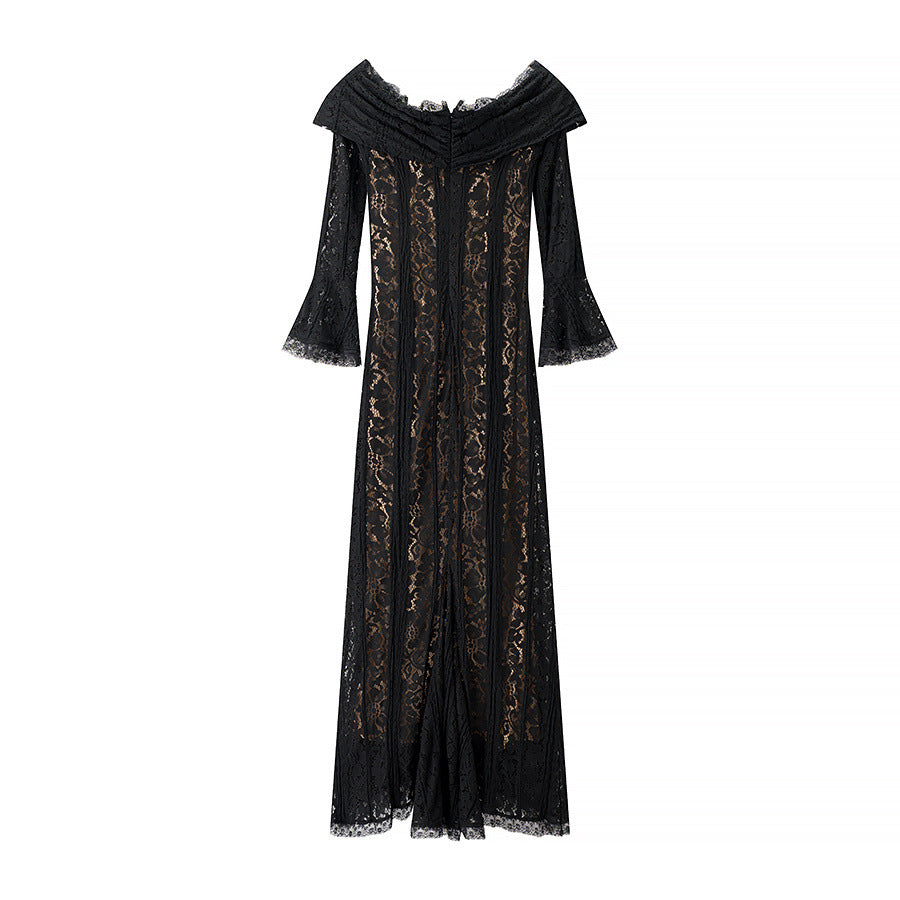 Damen nan Spitzenmaxikleid mit Carmen-Ausschnitt, durchscheinender Spitze, figurumspielender Innenlage und Glockenärmeln Drune