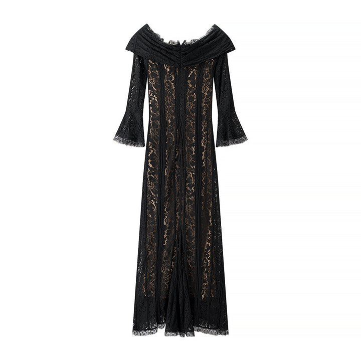 Damen nan Spitzenmaxikleid mit Carmen-Ausschnitt, durchscheinender Spitze, figurumspielender Innenlage und Glockenärmeln Drune