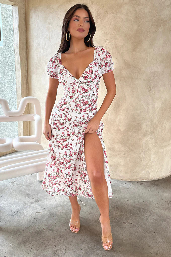 Damen Sommerliches Maxi-Kleid mit floralem Muster und elegantem Schlitz Drune