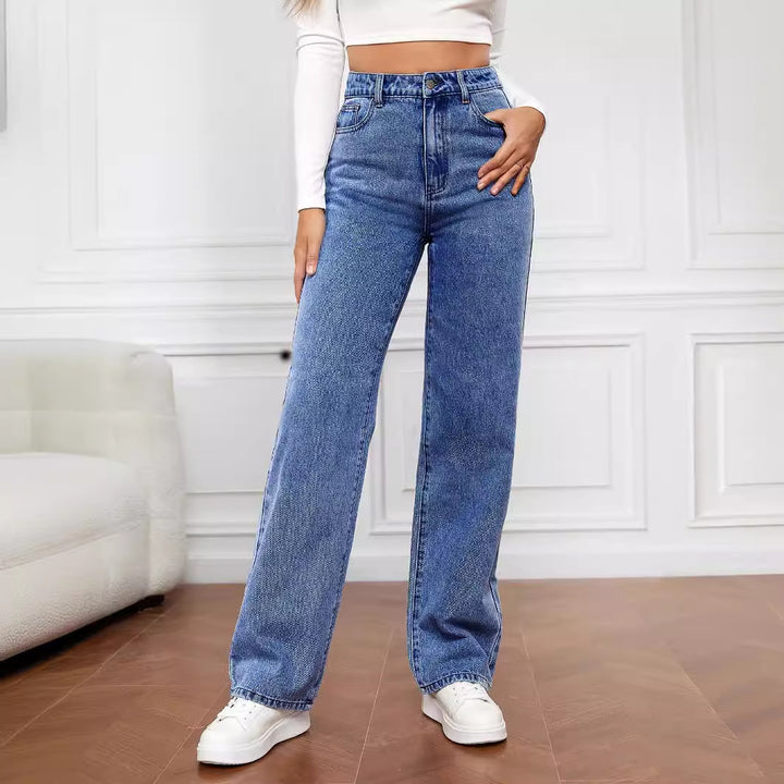 Damen Hohe Taille Jeans im Vintage-Stil mit weitem Bein Drune