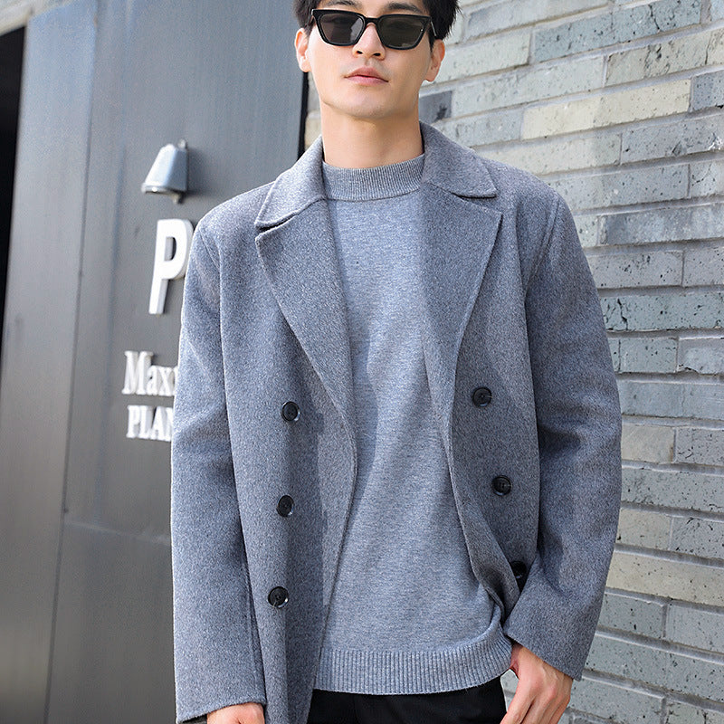 Herren Kurzer Doppelreiher Wollmix-Peacoat mit Reverskragen und Thermofutter Drune