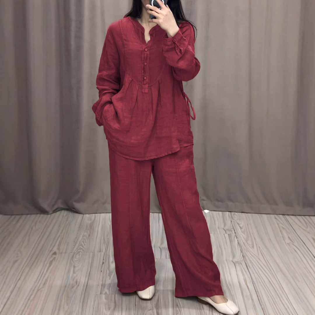 Damen nan lässiges Leinen-Set Tunika mit weitem Bein, Knopfleiste und Seitentaschen Drune