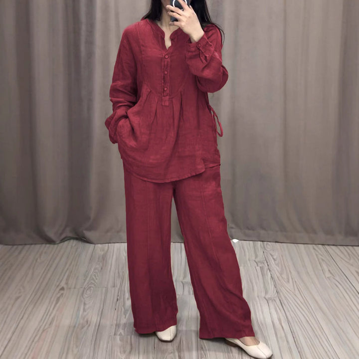 Damen nan lässiges Leinen-Set Tunika mit weitem Bein, Knopfleiste und Seitentaschen Drune