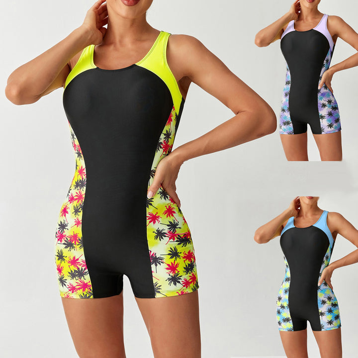 Damen Sportlicher Schwimmanzug mit hohem Kragen und buntem Palmendruck Drune
