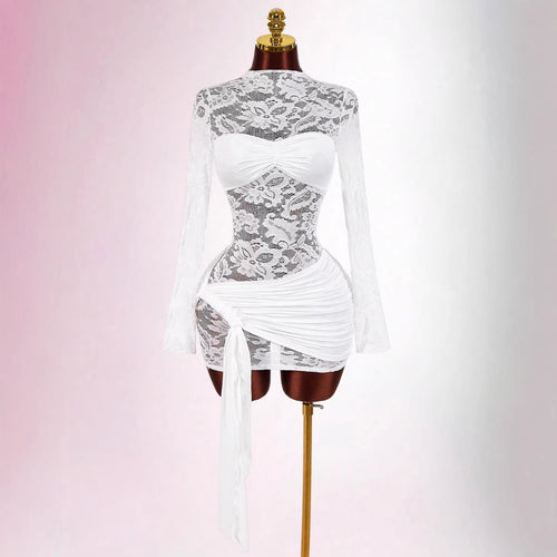 Damen nan transparentes Spitzen-Minikleid mit Bandeau-Einsatz, gerafftem Wickelrock und langen Ärmeln Drune