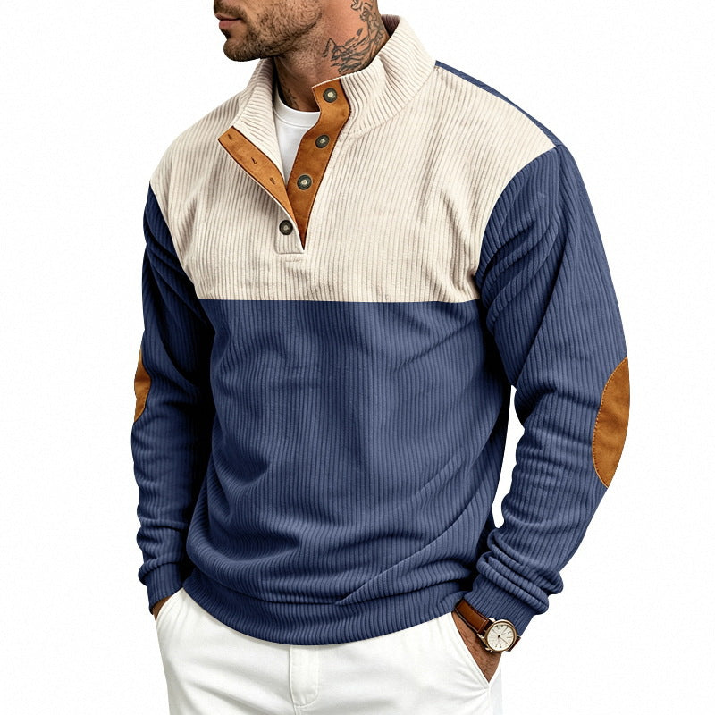 Herren Gerippter Stehkragen-Pullover mit Knopfleiste, Kontrastblende und Ellbogen-Patches Drune
