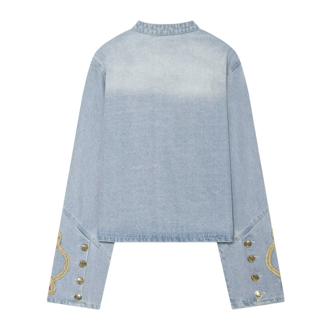 Damen Cropped Denim‑Militärblouson mit goldener Schnurverzierung Drune