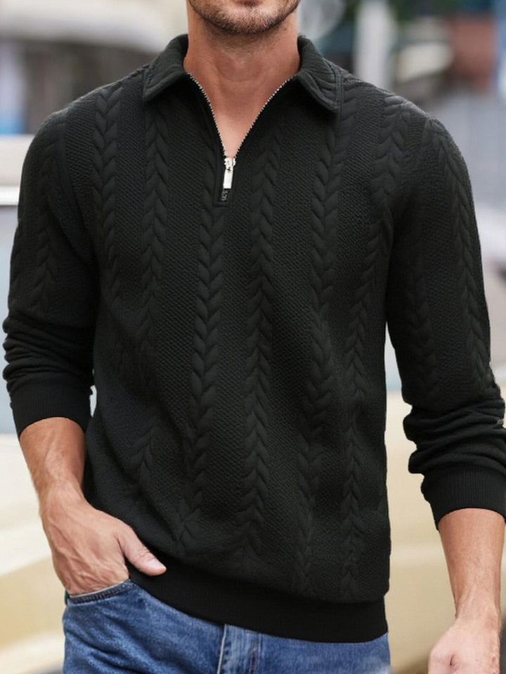 Herren Feinstrukturierter Zopfstrickpullover mit Kurzreißverschluss und Kentkragen Drune