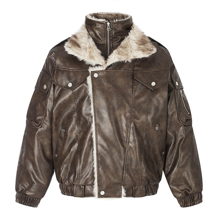 Damen Oversize Kunstleder-Fliegerjacke mit Teddyfutter und Stehkragen Drune