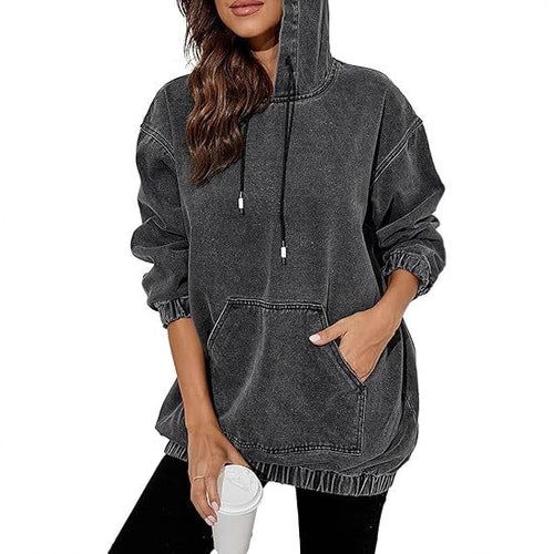 Damen Oversized Kapuzenpullover im Denim‑Look mit Kängurutasche Drune