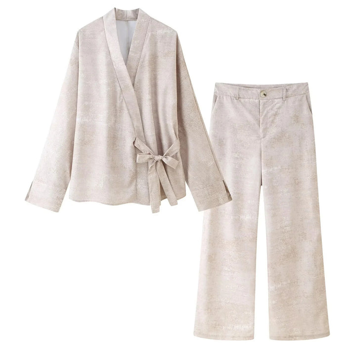 Damen elegantes Wickeloberteil und breite Hose Set Drune