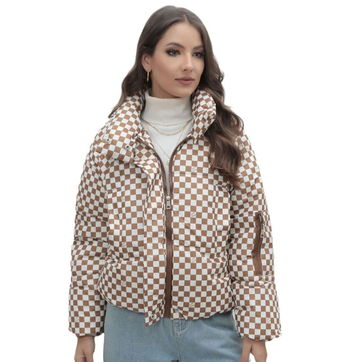 Damen Kurzgestepptes Karo-Winterjacke mit Stehkragen und Ärmeltasche Drune