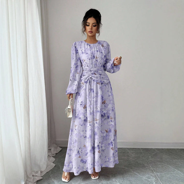 Damen Maxikleid mit floralem Schmetterlingsprint, geraffter Taillenpartie und langen Ballonärmeln Drune
