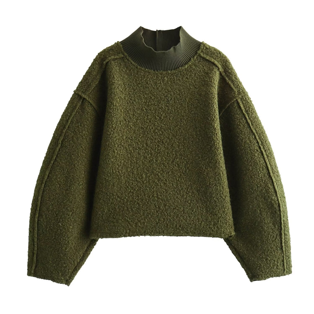 Damen Oversize Cropped Pullover mit Stehkragen und Ballonärmeln Drune