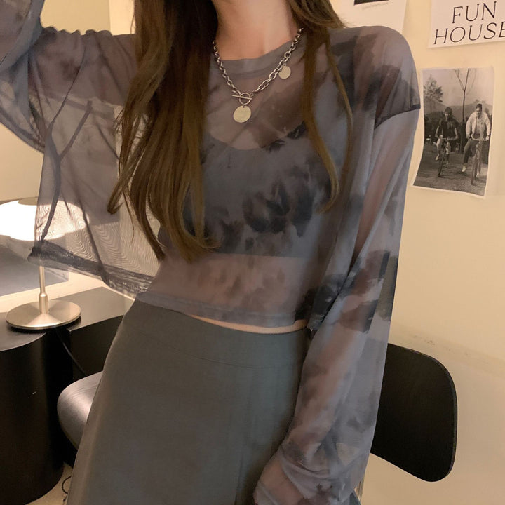 Damen cropped Sweatshirt im modernen Batikdesign mit weiten Ärmeln und Rundhalsausschnitt Drune