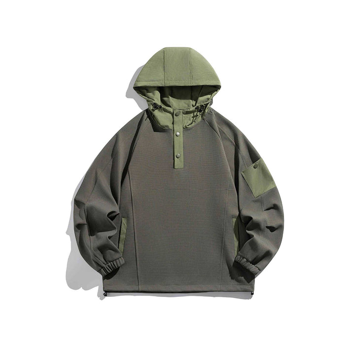 Unisex Oversize Kapuzen-Anorak-Pullover mit halber Druckknopfleiste, Utility-Ärmeltasche und Thermostruktur Drune
