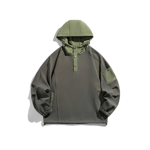 Unisex Oversize Kapuzen-Anorak-Pullover mit halber Druckknopfleiste, Utility-Ärmeltasche und Thermostruktur Drune