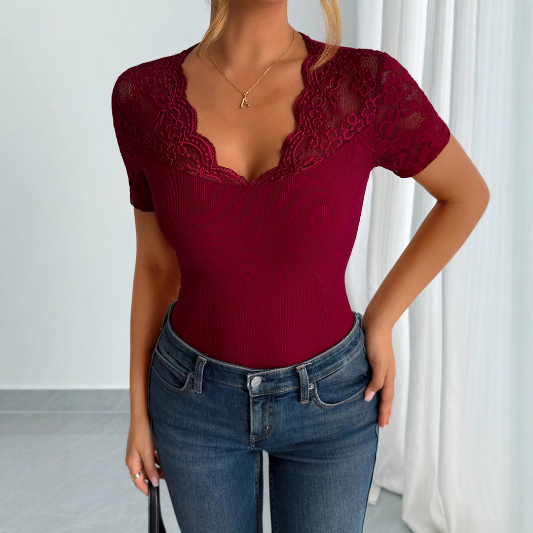 Damen nan figurbetontes Kurzarm-Top mit Spitzenbesatz und V-Ausschnitt Drune