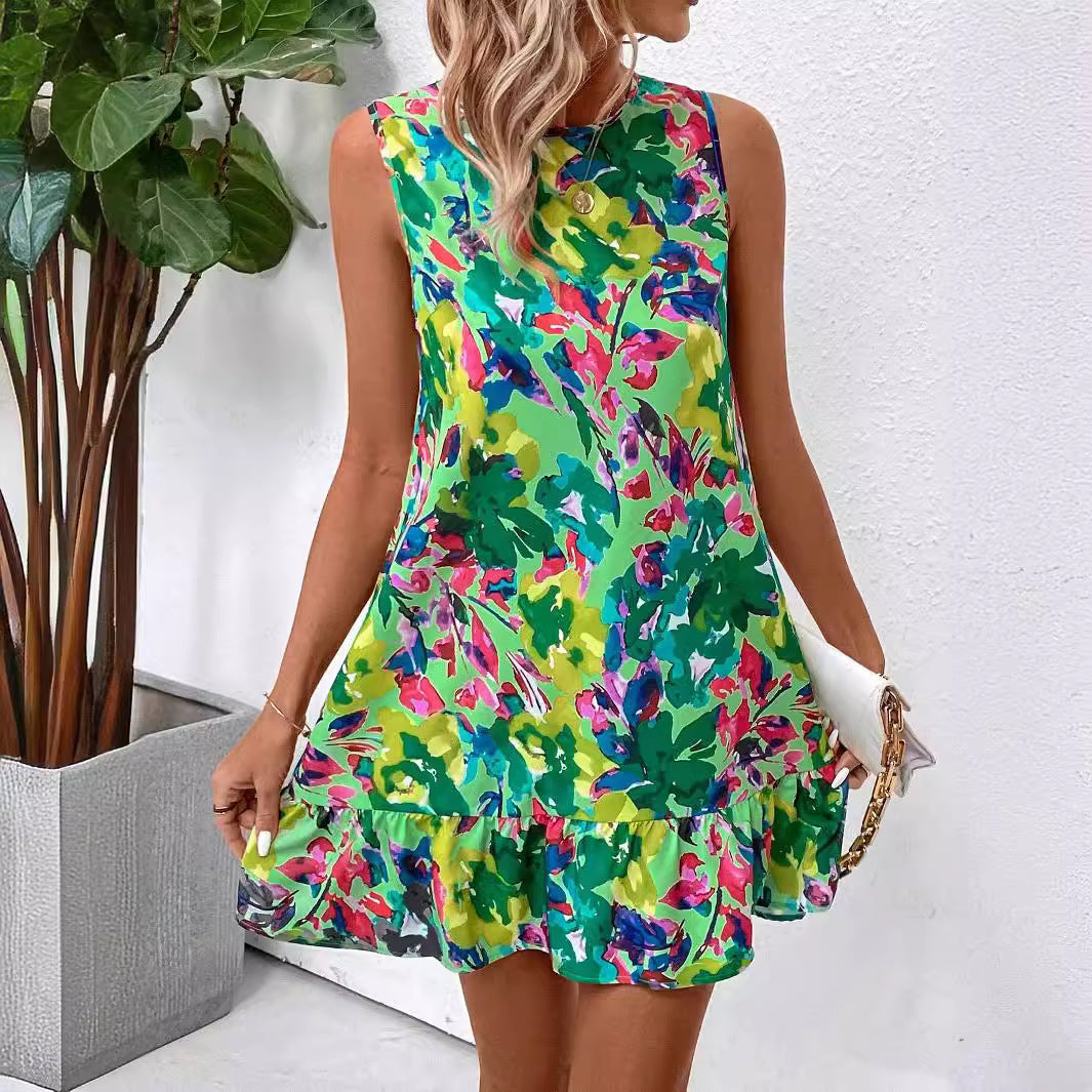 Damen nan luftiges A-Linien-Minikleid mit Rundhalsausschnitt und Volant-Saum Drune