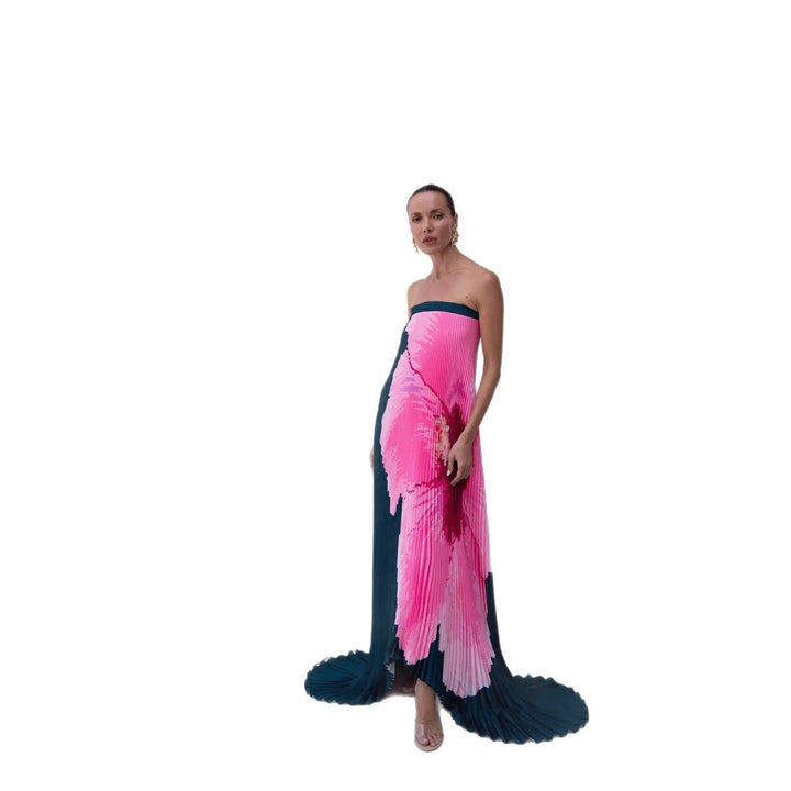 Damen Maxi-Kleid mit kunstvollem Plissee-Design und floralem Druck Drune