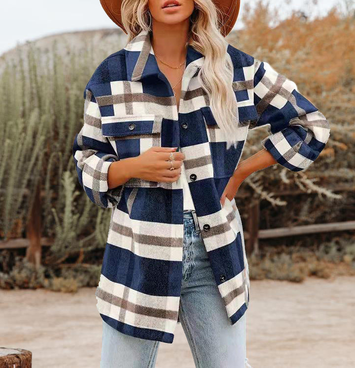 Damen Lässige Karierte Overshirt Jacke Drune