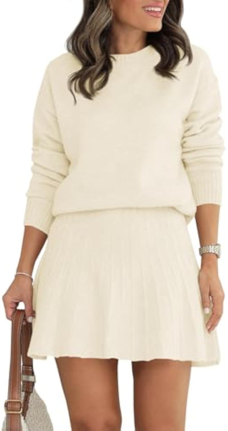 Damen Zweiteiliges Strick-Set mit Rundhals-Pullover und Plissée-Minirock Drune