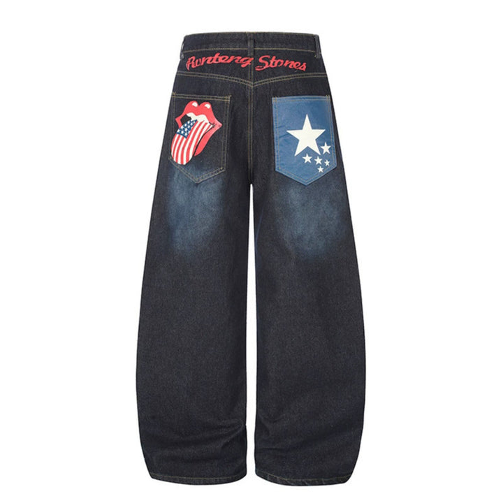 Damen High‑Waist Weite Palazzo-Jeans mit Statement-Patches und Retro-Embelishments Drune