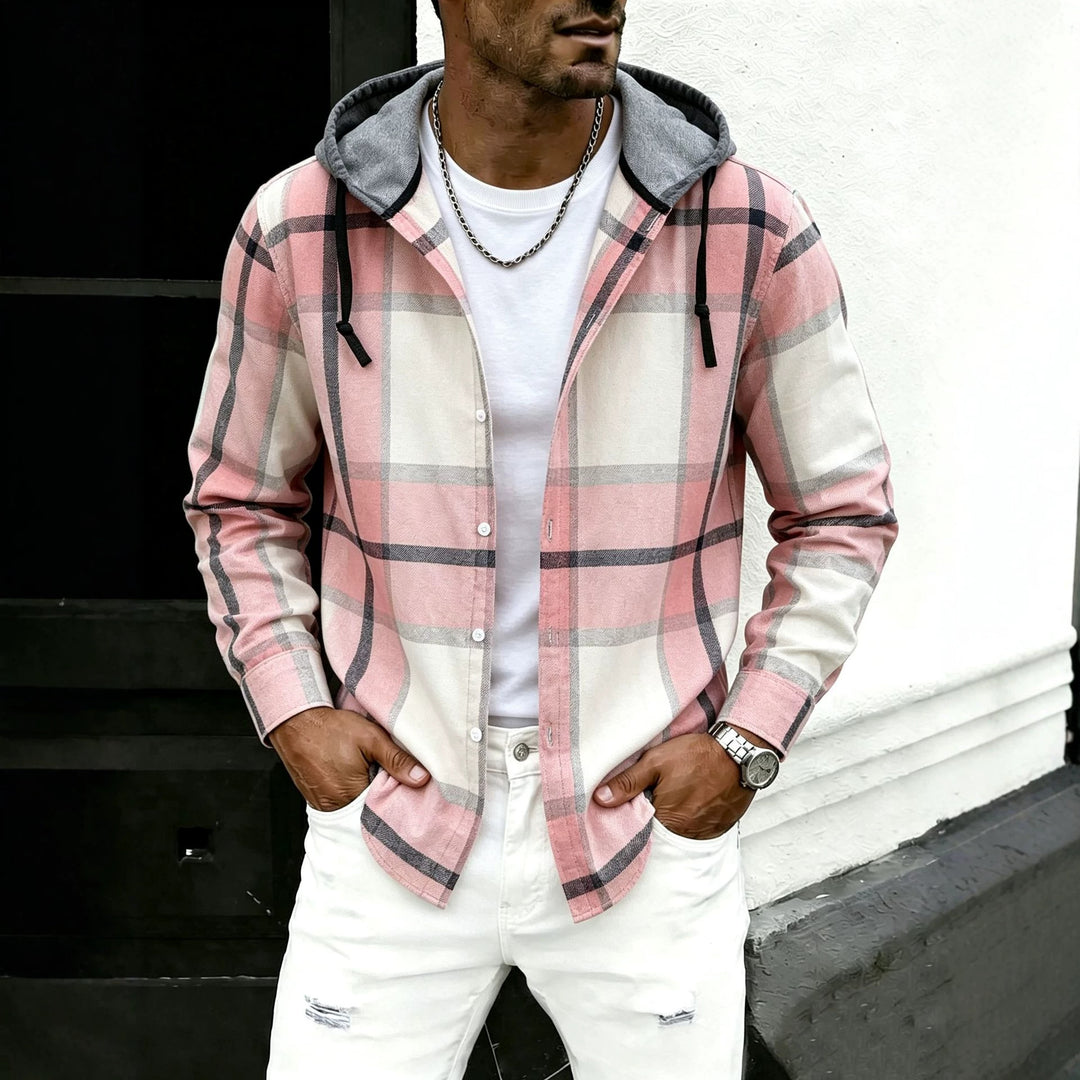Herren lässige Flanell-Hemdjacke mit Kapuze und grafischem Karomuster Drune