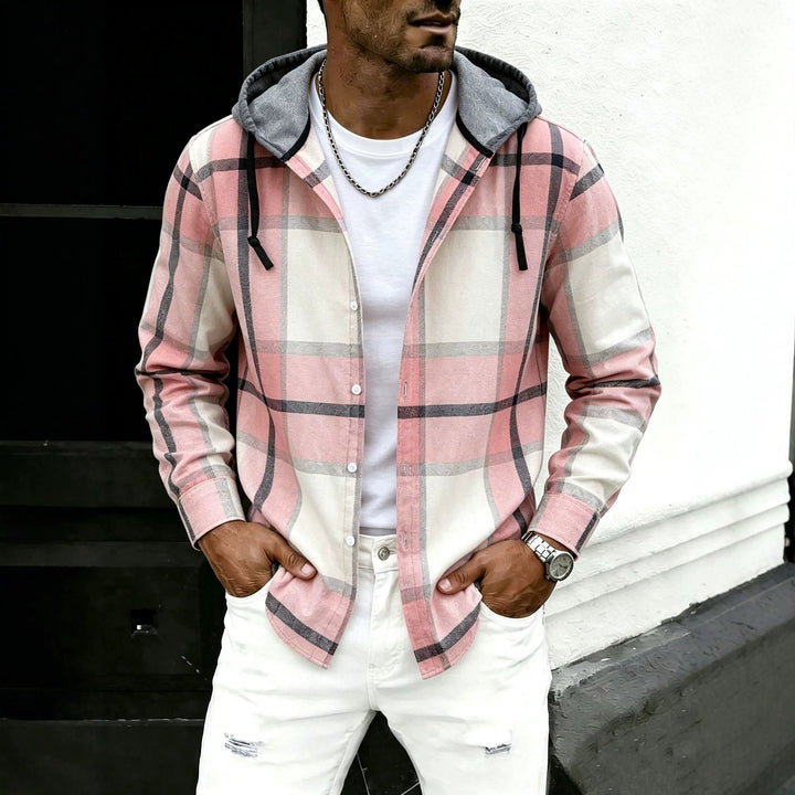 Herren lässige Flanell-Hemdjacke mit Kapuze und grafischem Karomuster Drune