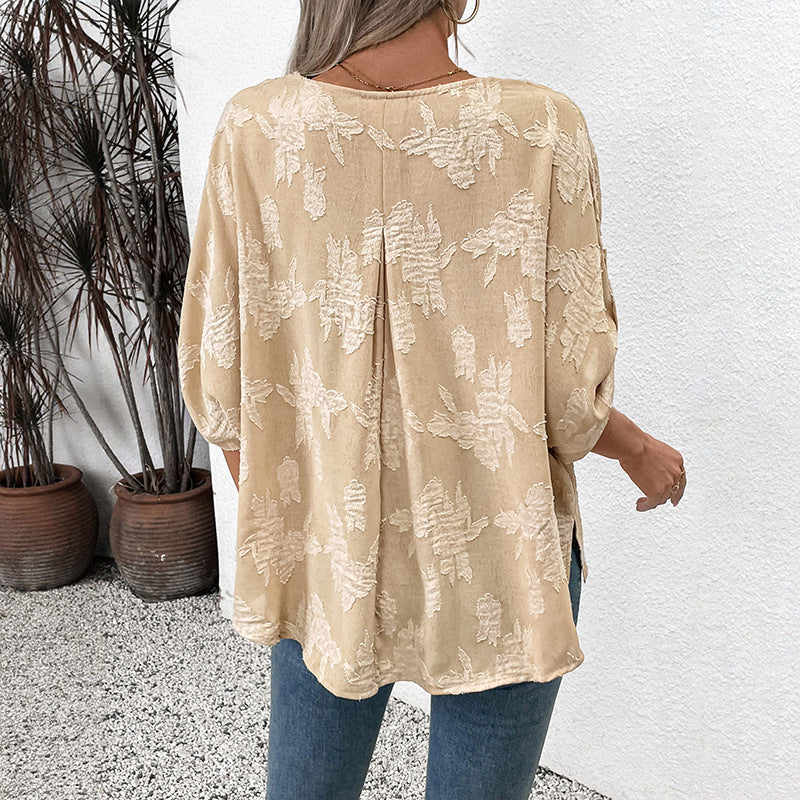 Damen leichte Oversize V-Neck Bluse mit strukturiertem Jacquardmuster und krempelbaren Ärmeln Drune