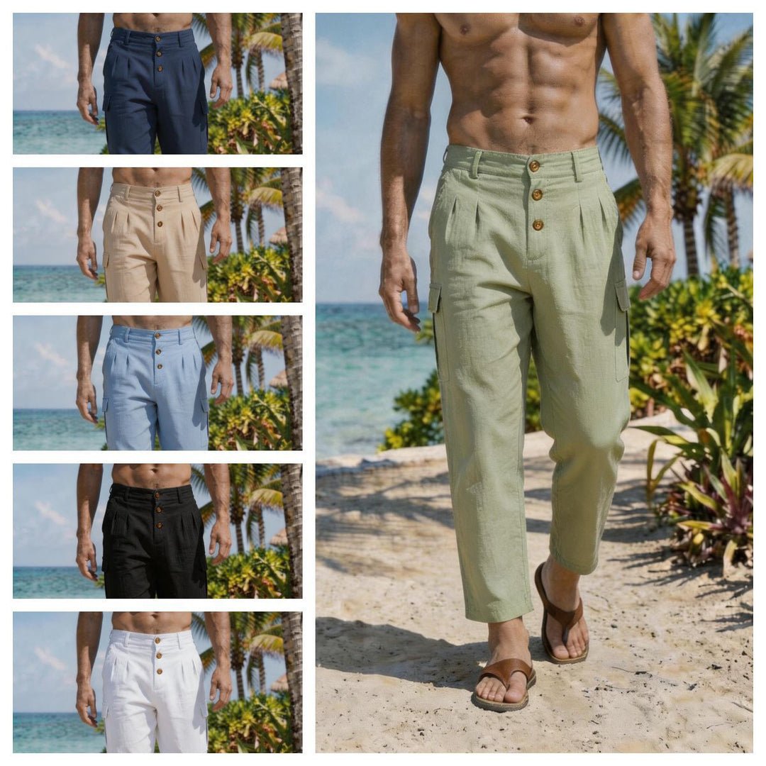 Herren Bundfalten-Cargohose mit Knopfverschluss, aufgesetzten Cargotaschen und gekürztem Bein Drune
